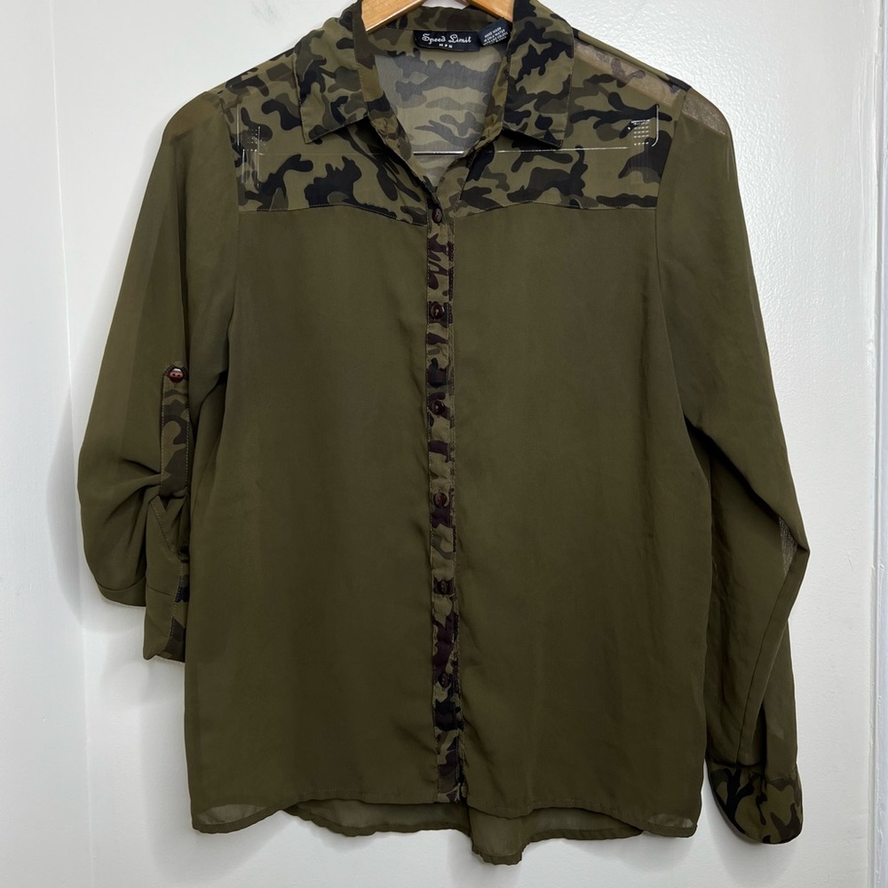 Free w/ purchase Sheer Camo Trim Blouse Size Medium Roll tab Sleeves